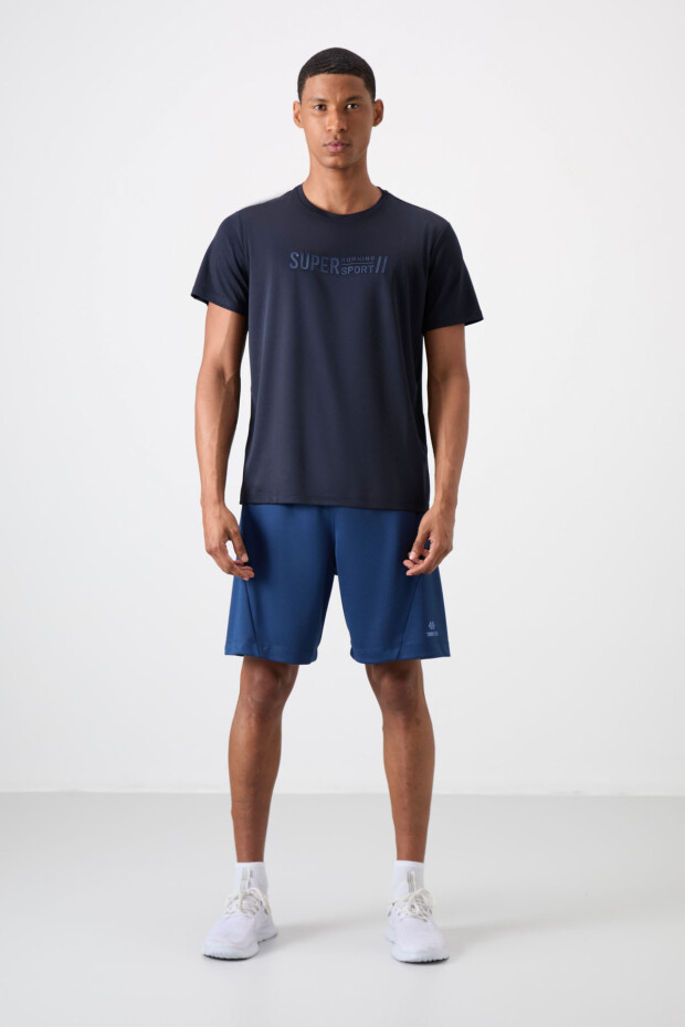 Lacivert Nefes Alan Dokulu İnce Esnek Standart Fit Erkek Performans T-Shirt - 88385 - 2