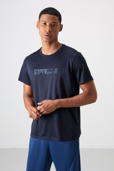 Lacivert Nefes Alan Dokulu İnce Esnek Standart Fit Erkek Performans T-Shirt - 88385 