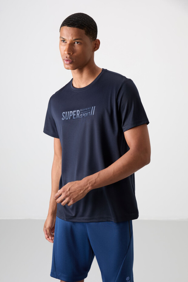 Lacivert Nefes Alan Dokulu İnce Esnek Standart Fit Erkek Performans T-Shirt - 88385 - 4