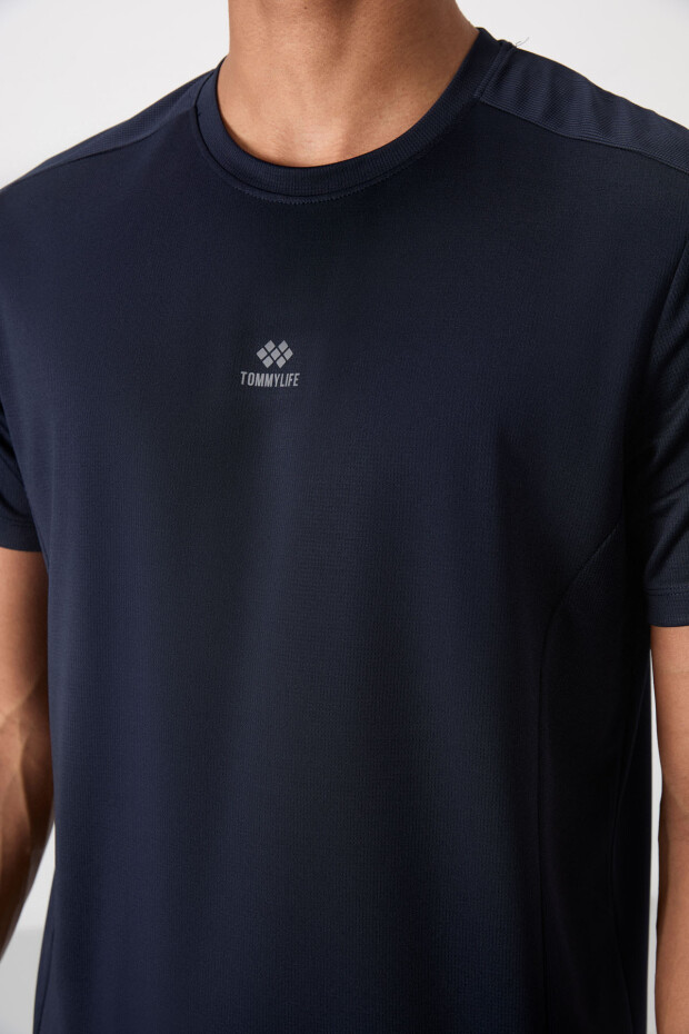 Lacivert Nefes Alan Dokulu İnce Esnek Standart Fit Erkek Performans T-Shirt - 88390 - 3