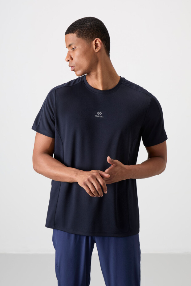 Lacivert Nefes Alan Dokulu İnce Esnek Standart Fit Erkek Performans T-Shirt - 88390 - 4