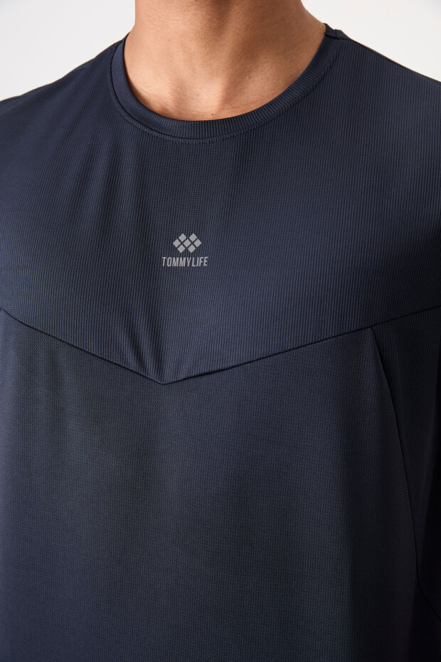 Lacivert Nefes Alan Dokulu İnce Esnek Standart Fit Erkek Performans T-Shirt - 88391 - 3
