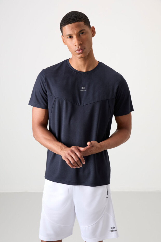 Lacivert Nefes Alan Dokulu İnce Esnek Standart Fit Erkek Performans T-Shirt - 88391 - 5
