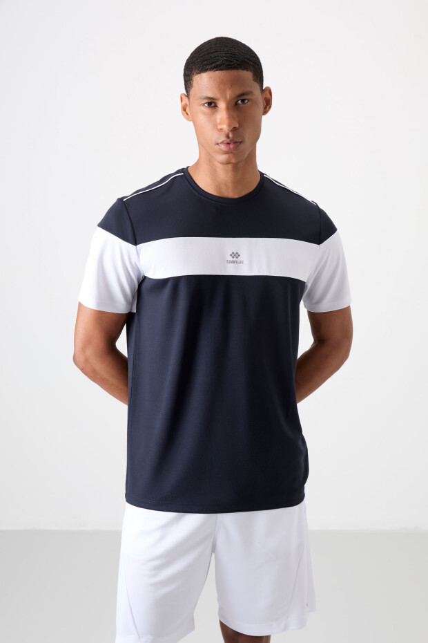 Lacivert Nefes Alan Dokulu İnce Esnek Standart Fit Erkek Performans T-Shirt - 88396 - 5