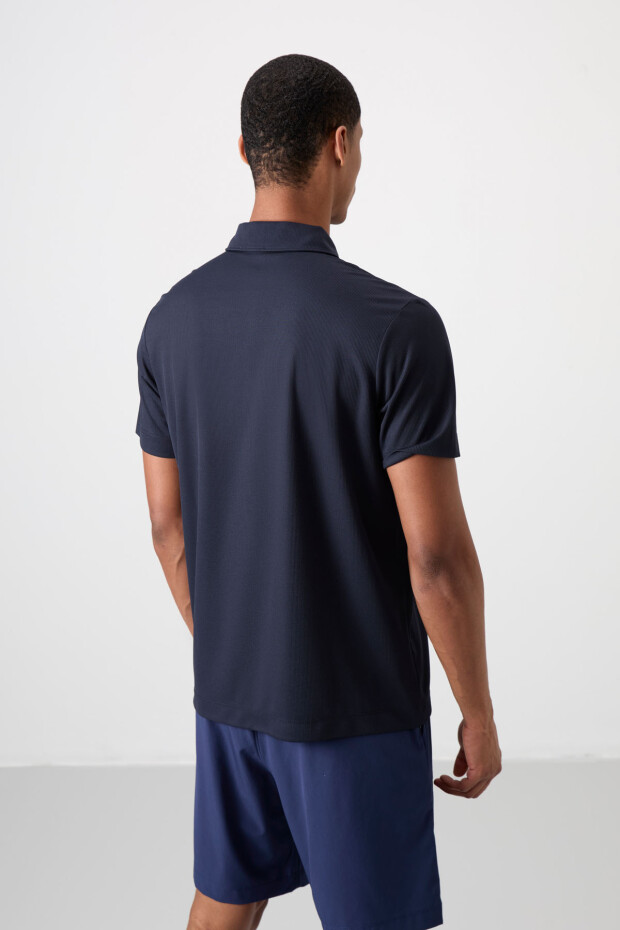 Lacivert Nefes Alan Dokulu İnce Esnek Standart Fit Polo Yaka Erkek Performans T-Shirt - 88392 - 5
