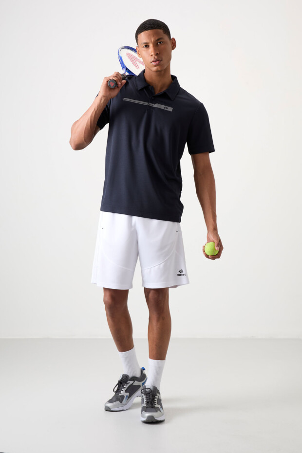 Lacivert Nefes Alan Dokulu İnce Esnek Standart Fit Polo Yaka Erkek Performans T-Shirt - 88393 - 2