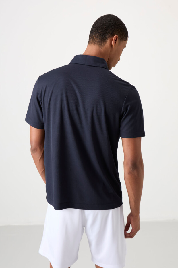 Lacivert Nefes Alan Dokulu İnce Esnek Standart Fit Polo Yaka Erkek Performans T-Shirt - 88393 - 6