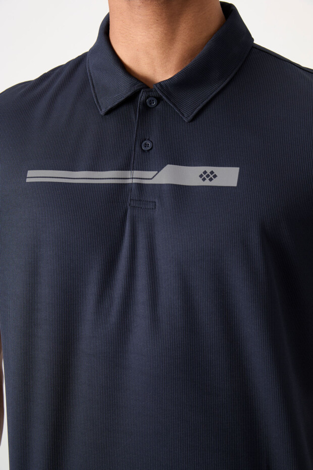 Lacivert Nefes Alan Dokulu İnce Esnek Standart Fit Polo Yaka Erkek Performans T-Shirt - 88393 - 3