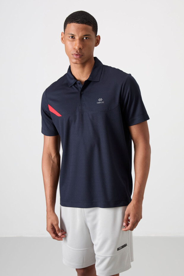 Lacivert Nefes Alan Dokulu İnce Esnek Standart Fit Polo Yaka Erkek Performans T-Shirt - 88402 - 1