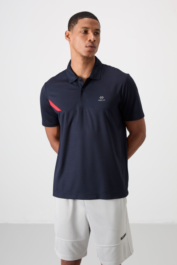 Lacivert Nefes Alan Dokulu İnce Esnek Standart Fit Polo Yaka Erkek Performans T-Shirt - 88402 - 4