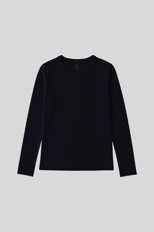 Lacivert O Yaka Standart Fit Uzun Kollu Basic Kadın T-Shirt - 97312 - 2
