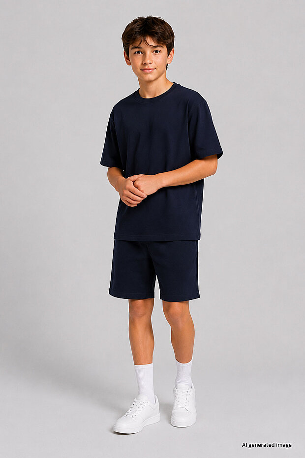 Lacivert Oversize Fit Basic Erkek Çocuk Şort Takım - 11335 - 3