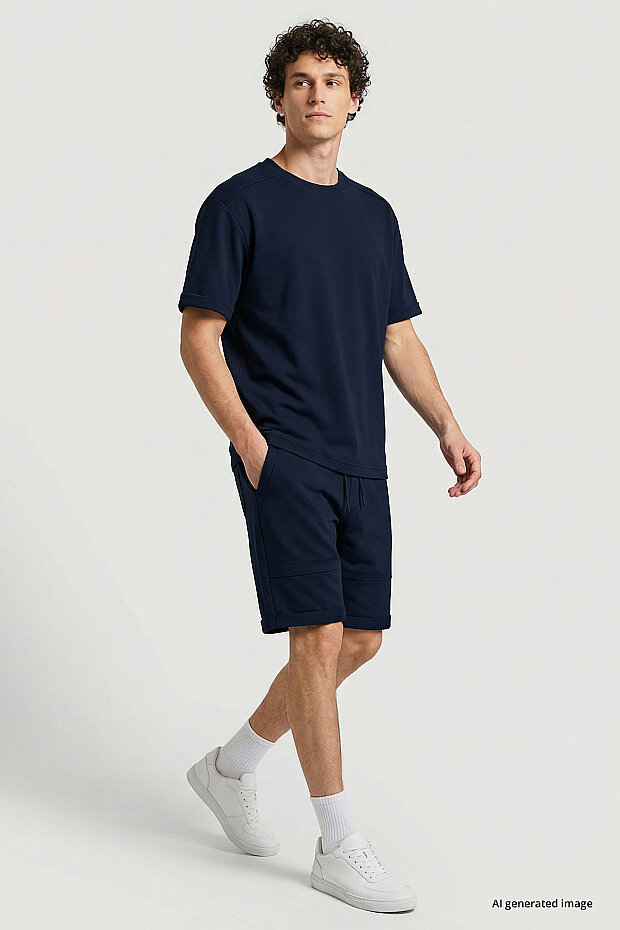 Lacivert Oversize Fit Yumuşak Dokulu Basic Erkek Şort Takım - 85274 - 1