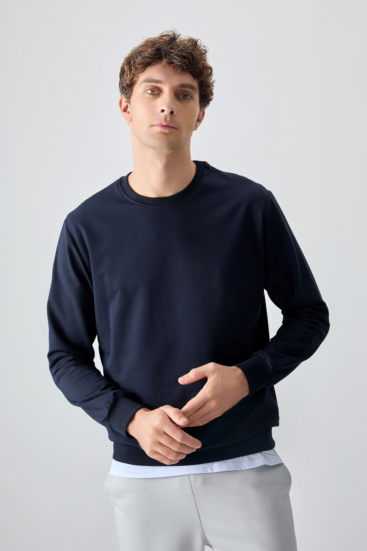Lacivert Pamuk Yumuşak Dokulu Standart Fit Basic Erkek Sweatshirt - 88363 - Air Jones