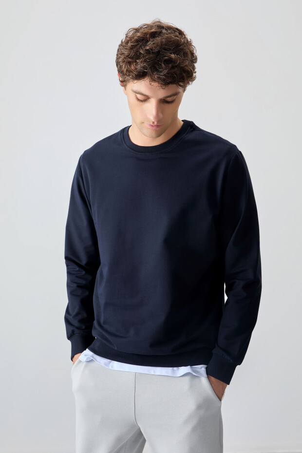 Lacivert Pamuk Yumuşak Dokulu Standart Fit Basic Erkek Sweatshirt - 88363 - 4