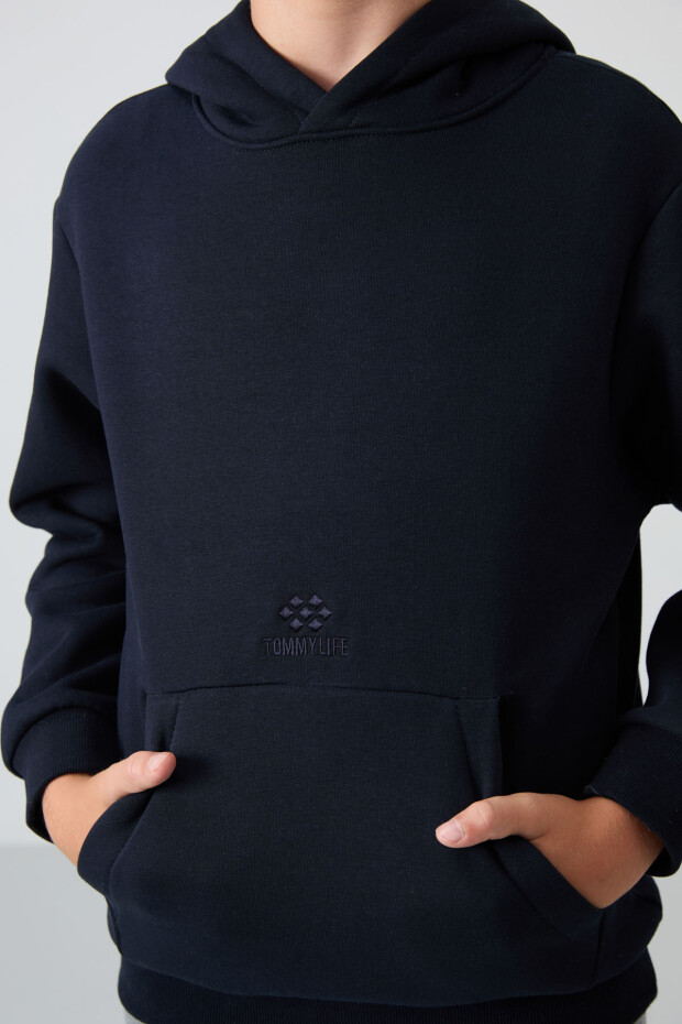 Lacivert Pamuklu Kalın İçi Tüylü Yumuşak Dokulu Standart Fit Baskılı Erkek Çocuk Sweatshirt - 11215 - 3