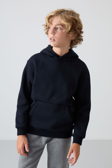 Lacivert Pamuklu Kalın İçi Tüylü Yumuşak Dokulu Standart Fit Baskılı Erkek Çocuk Sweatshirt - 11215 