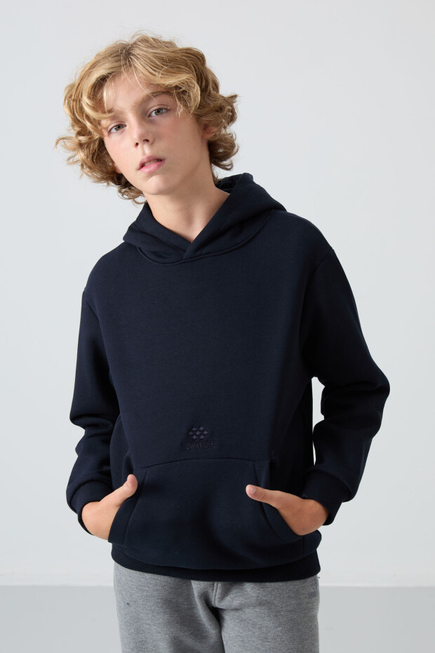 Lacivert Pamuklu Kalın İçi Tüylü Yumuşak Dokulu Standart Fit Baskılı Erkek Çocuk Sweatshirt - 11215 - 4