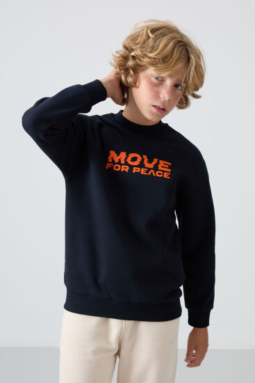 Lacivert Pamuklu Kalın İçi Tüylü Yumuşak Dokulu Standart Fit Baskılı Erkek Çocuk Sweatshirt - 11216 