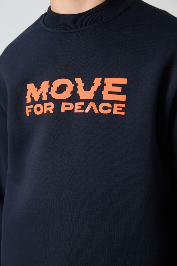 Lacivert Pamuklu Kalın İçi Tüylü Yumuşak Dokulu Standart Fit Baskılı Erkek Çocuk Sweatshirt - 11216 - 3
