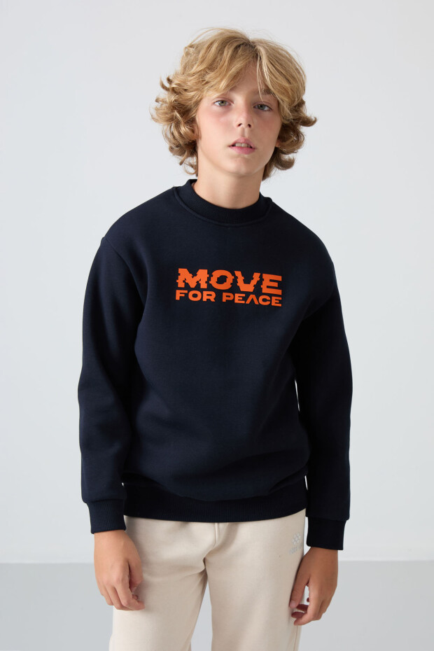 Lacivert Pamuklu Kalın İçi Tüylü Yumuşak Dokulu Standart Fit Baskılı Erkek Çocuk Sweatshirt - 11216 - 4