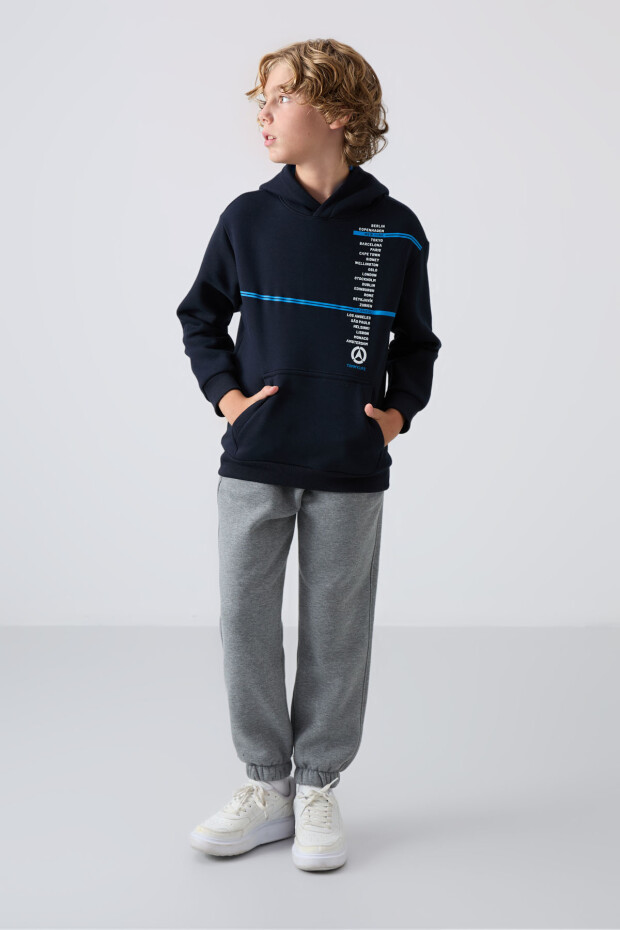 Lacivert Pamuklu Kalın İçi Tüylü Yumuşak Dokulu Standart Fit Baskılı Erkek Çocuk Sweatshirt - 11239 - 2