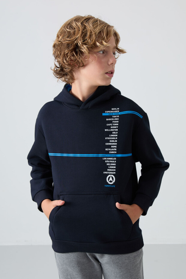Lacivert Pamuklu Kalın İçi Tüylü Yumuşak Dokulu Standart Fit Baskılı Erkek Çocuk Sweatshirt - 11239 - 4