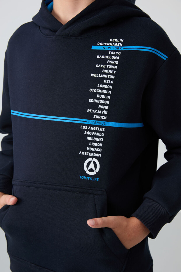 Lacivert Pamuklu Kalın İçi Tüylü Yumuşak Dokulu Standart Fit Baskılı Erkek Çocuk Sweatshirt - 11239 - 3