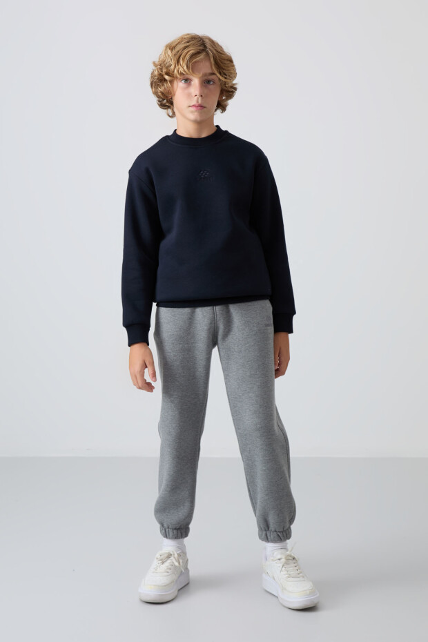 Lacivert Pamuklu Kalın İçi Tüylü Yumuşak Dokulu Standart Fit Nakışlı Erkek Çocuk Sweatshirt - 11232 - 2
