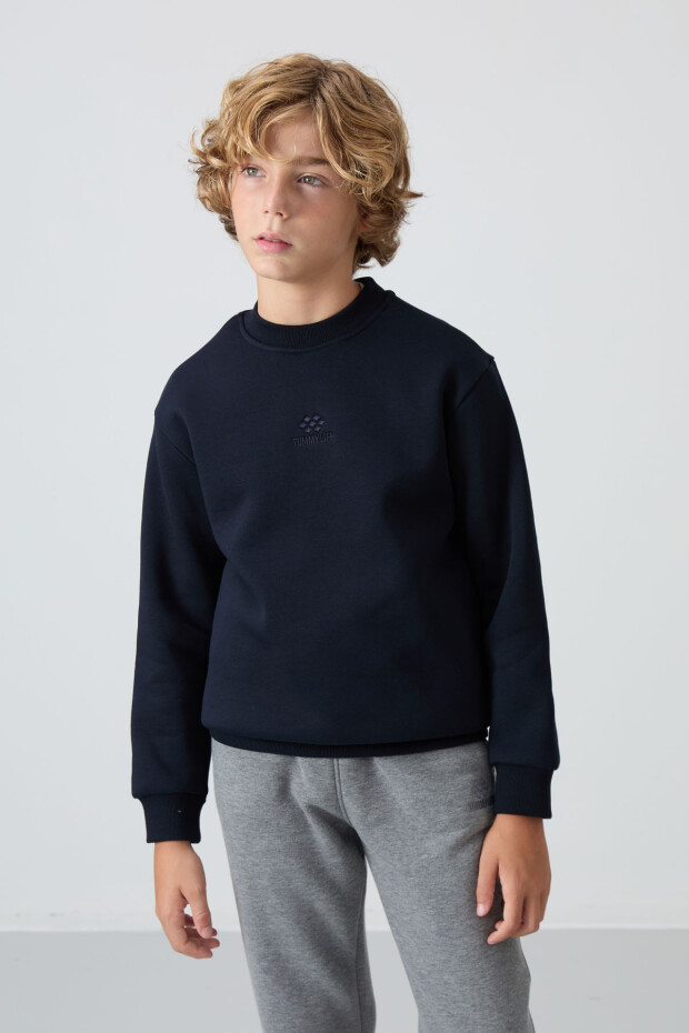 Lacivert Pamuklu Kalın İçi Tüylü Yumuşak Dokulu Standart Fit Nakışlı Erkek Çocuk Sweatshirt - 11232 - 4