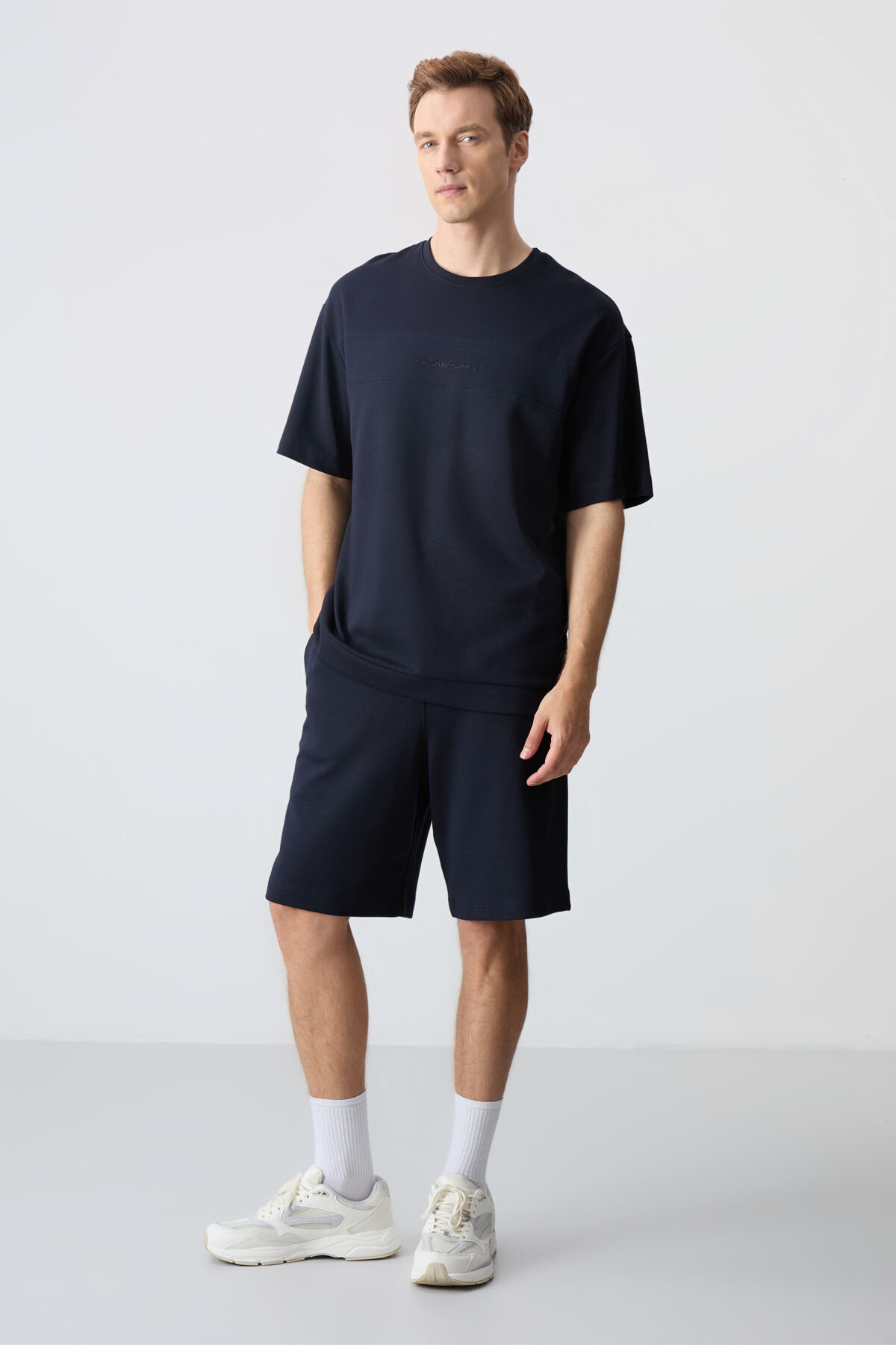 Lacivert Pamuklu Kalın Yumuşak Dokulu Comfort Fit Basic Erkek Şort Takım - 85257 - Air Jones