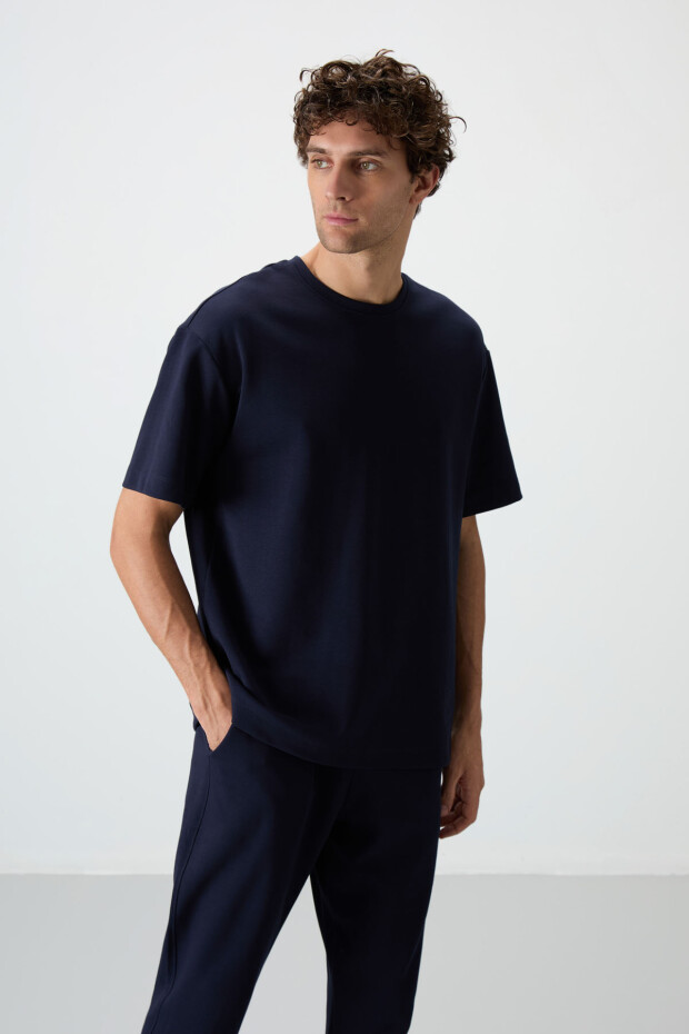 Lacivert Pamuklu Kalın Yumuşak Dokulu Oversize Fit Basic Erkek Eşofman Takım - 85251 - 2