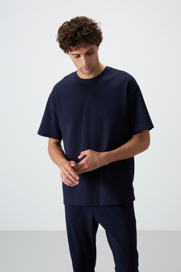 Lacivert Pamuklu Kalın Yumuşak Dokulu Oversize Fit Basic Erkek Eşofman Takım - 85251 - 7
