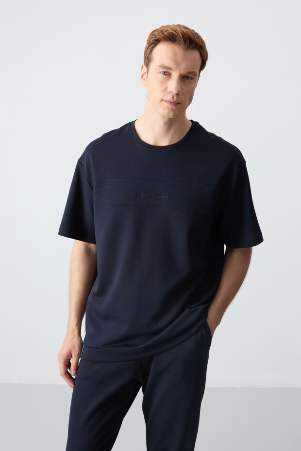 Lacivert Pamuklu Kalın Yumuşak Dokulu Oversize Fit Basic Erkek Eşofman Takım - 85261 - 2