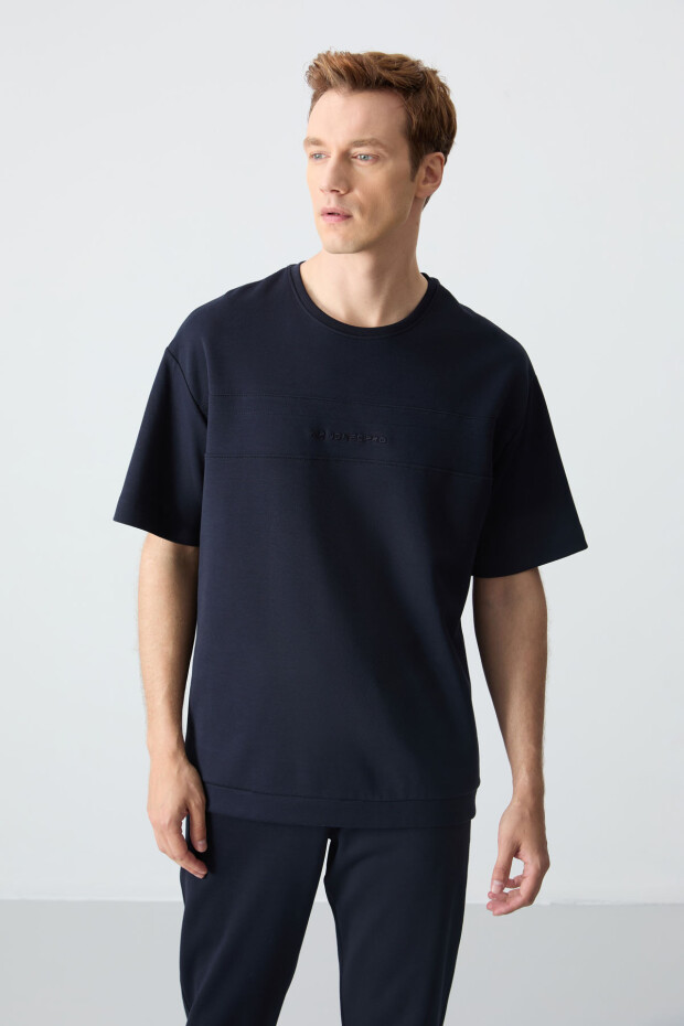 Lacivert Pamuklu Kalın Yumuşak Dokulu Oversize Fit Basic Erkek Eşofman Takım - 85261 - 7