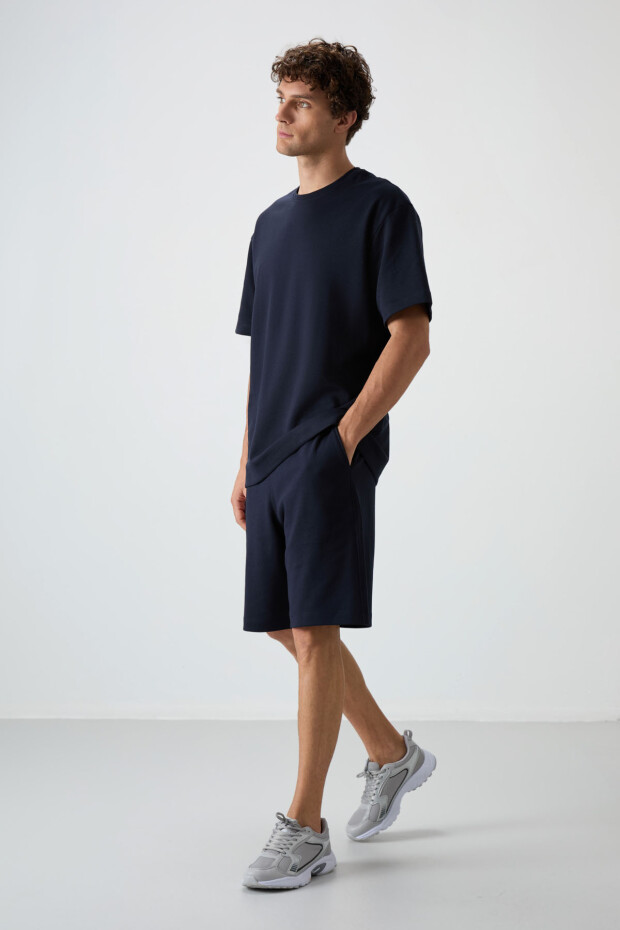 Lacivert Pamuklu Kalın Yumuşak Dokulu Oversize Fit Basic Erkek Şort Takım - 85249 - 3
