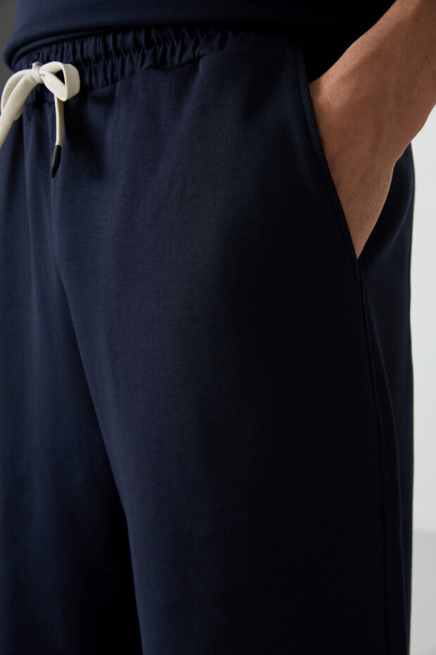Lacivert Pamuklu Kalın Yumuşak Dokulu Oversize Fit Basic Erkek Şort Takım - 85249 - 5