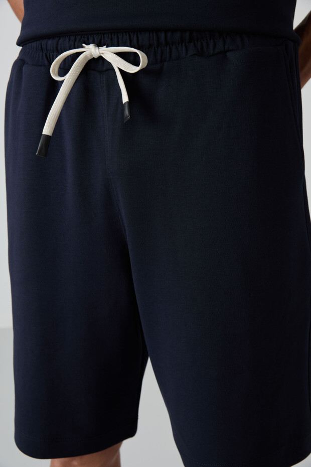 Lacivert Pamuklu Kalın Yumuşak Dokulu Oversize Fit Basic Erkek Şort Takım - 85249 - 4