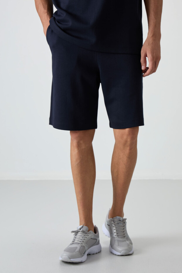 Lacivert Pamuklu Kalın Yumuşak Dokulu Oversize Fit Basic Erkek Şort Takım - 85249 - 7