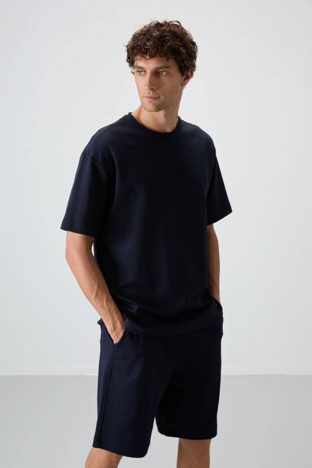 Lacivert Pamuklu Kalın Yumuşak Dokulu Oversize Fit Basic Erkek Şort Takım - 85249 - 2
