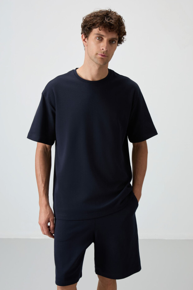 Lacivert Pamuklu Kalın Yumuşak Dokulu Oversize Fit Basic Erkek Şort Takım - 85249 - 6