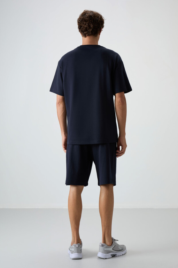 Lacivert Pamuklu Kalın Yumuşak Dokulu Oversize Fit Basic Erkek Şort Takım - 85249 - 8