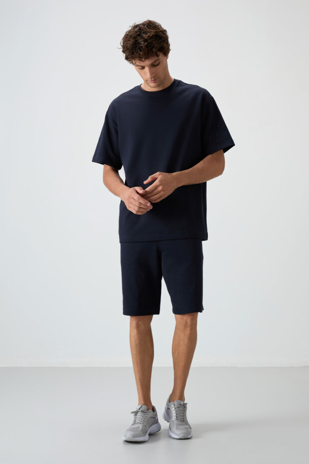 Lacivert Pamuklu Kalın Yumuşak Dokulu Oversize Fit Basic Erkek Şort Takım - 85249 - 1