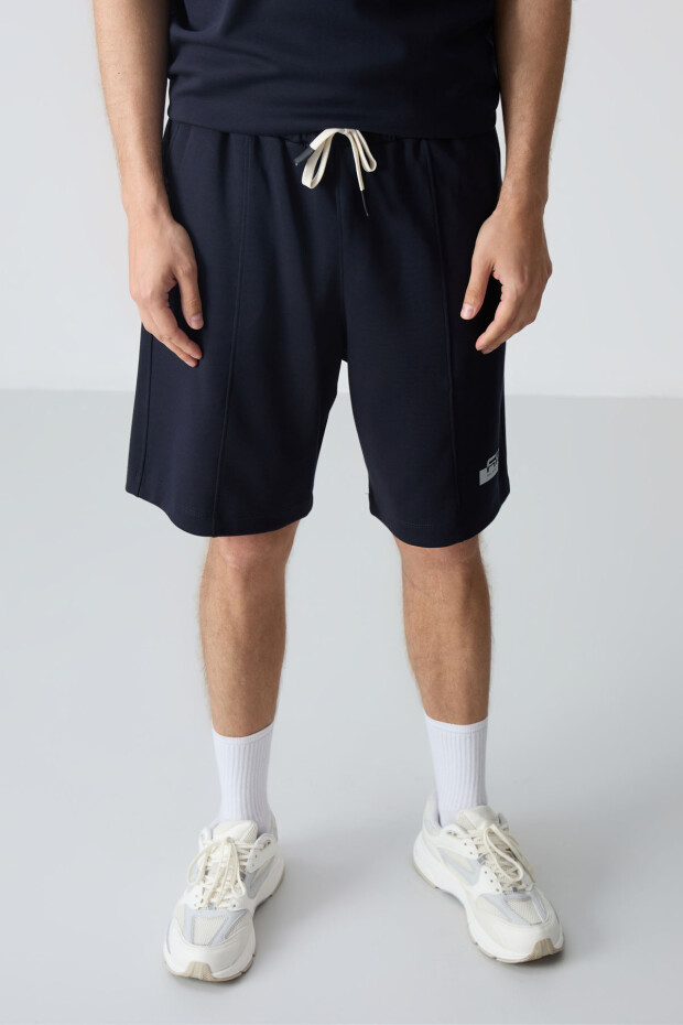 Lacivert Pamuklu Kalın Yumuşak Dokulu Oversize Fit Basic Erkek Şort Takım - 85259 - 4
