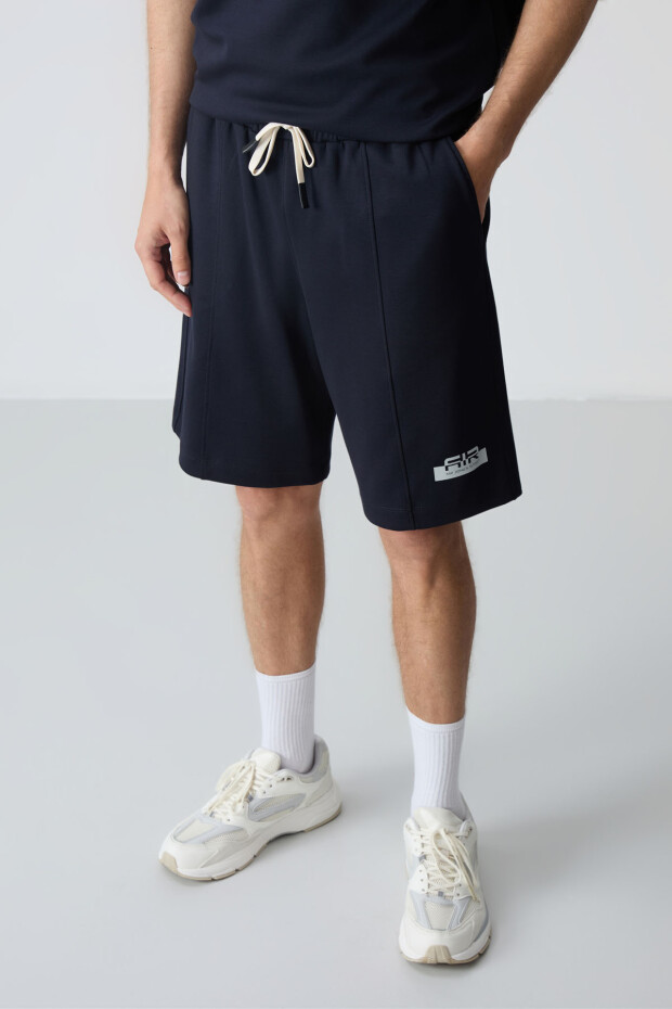 Lacivert Pamuklu Kalın Yumuşak Dokulu Oversize Fit Basic Erkek Şort Takım - 85259 - 6