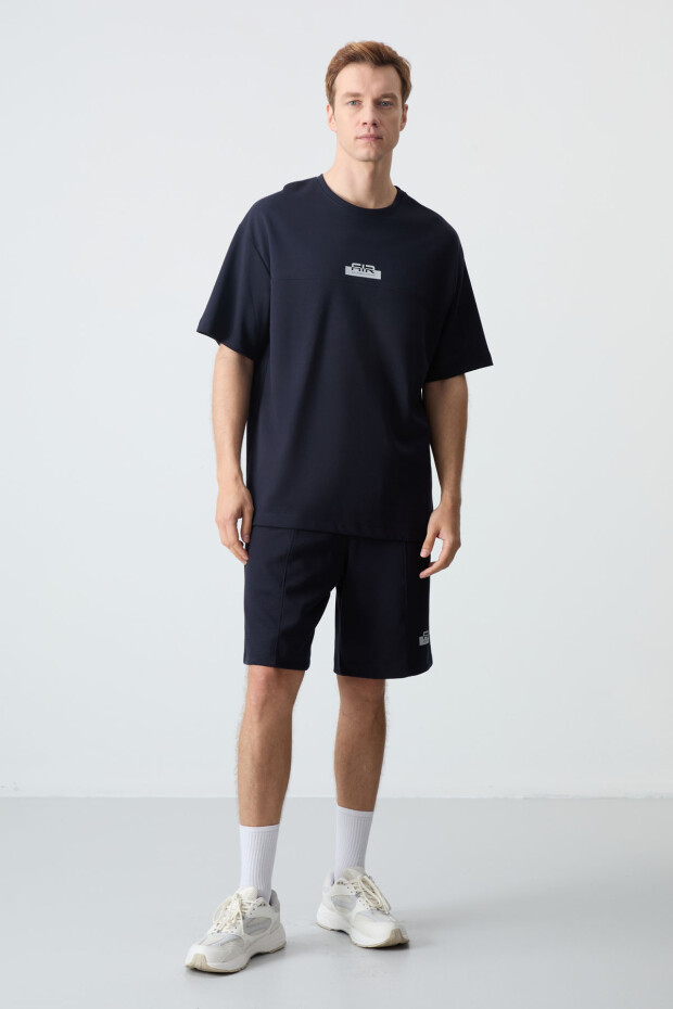 Lacivert Pamuklu Kalın Yumuşak Dokulu Oversize Fit Basic Erkek Şort Takım - 85259 - 1