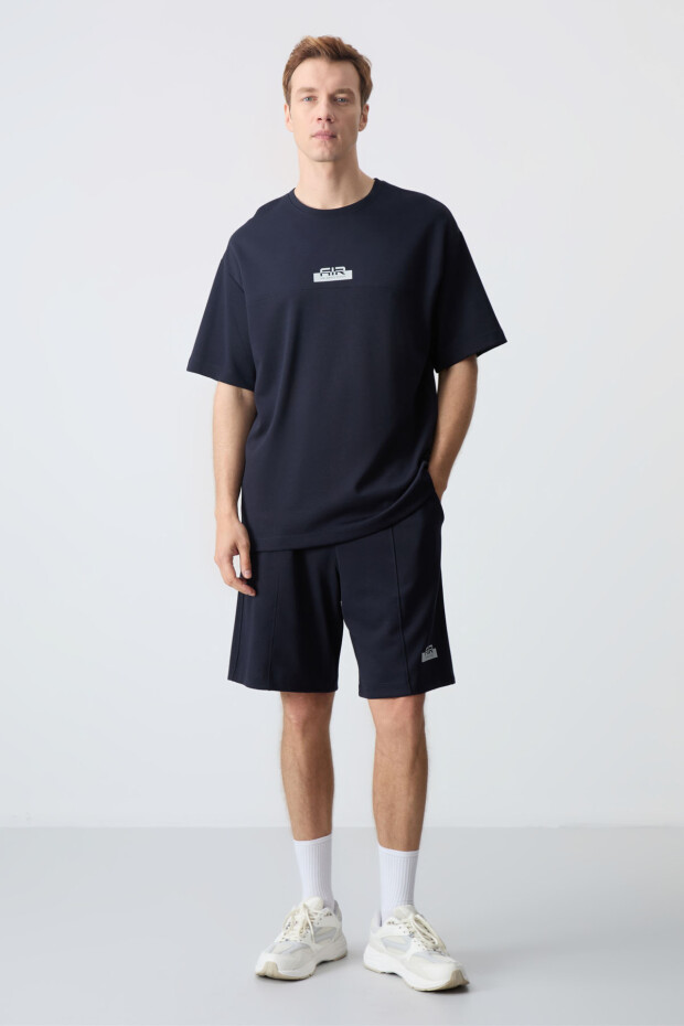 Lacivert Pamuklu Kalın Yumuşak Dokulu Oversize Fit Basic Erkek Şort Takım - 85259 - 5