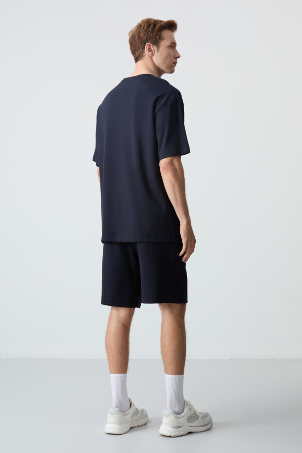 Lacivert Pamuklu Kalın Yumuşak Dokulu Oversize Fit Basic Erkek Şort Takım - 85259 - 9