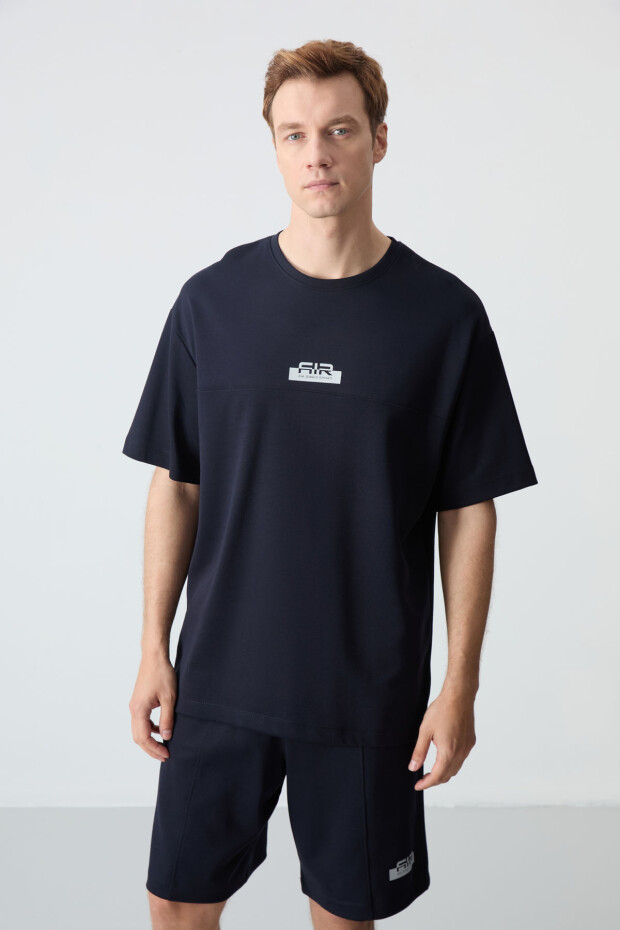 Lacivert Pamuklu Kalın Yumuşak Dokulu Oversize Fit Basic Erkek Şort Takım - 85259 - 2