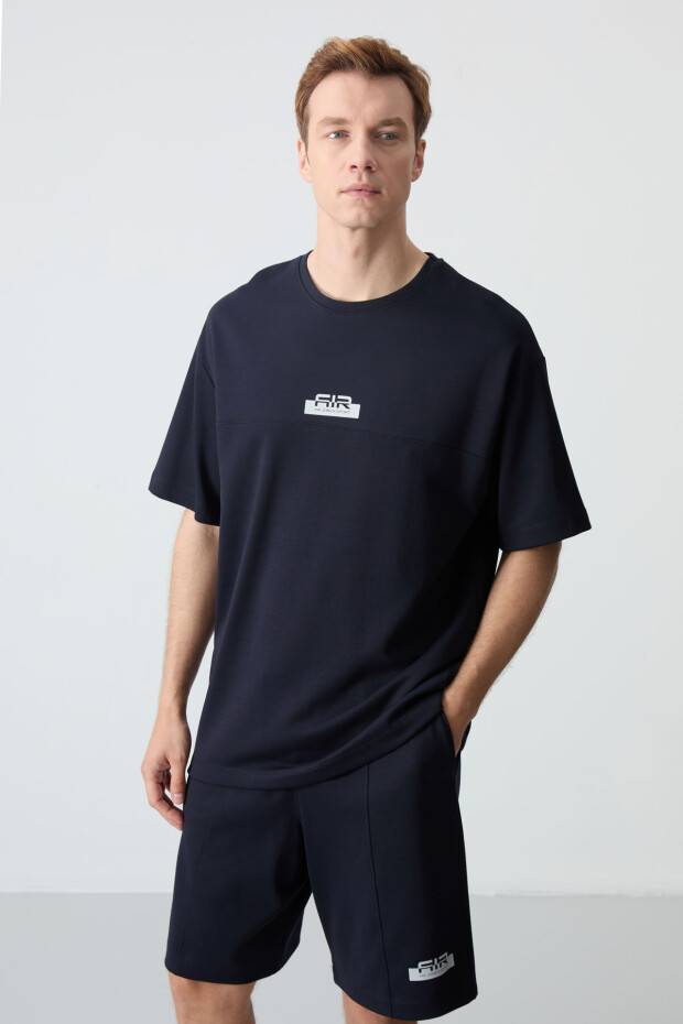 Lacivert Pamuklu Kalın Yumuşak Dokulu Oversize Fit Basic Erkek Şort Takım - 85259 - 8